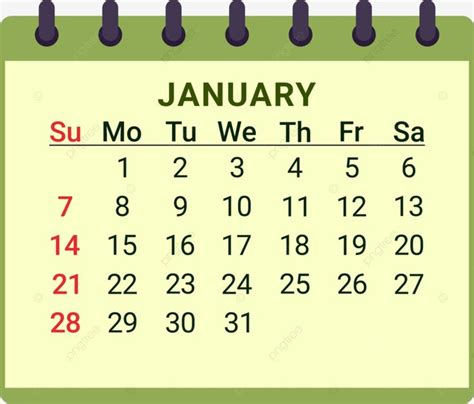 a calendar with the month of january in green and red, on a white ...