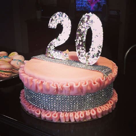 Ruffled pink fondant cake with silver bling sides and 20 sequined cake topper 20 Birthday Cake ...