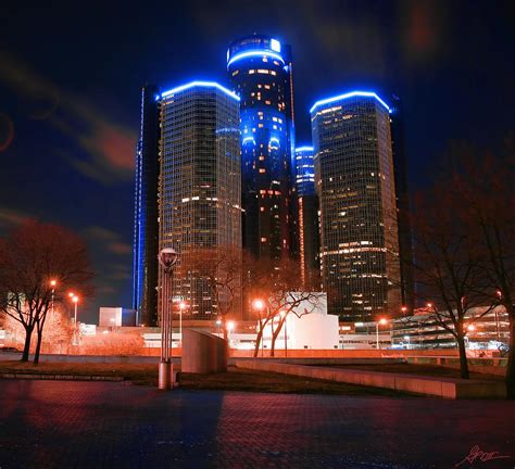 The GM Renaissance Center At Night From Hart Plaza Detroit Michigan ...