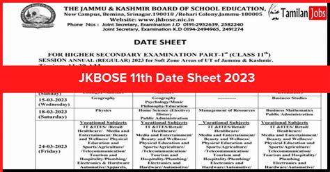 JKBOSE 11th Date Sheet 2023 PDF Download @jkbose.nic.in - Tamilan Jobs