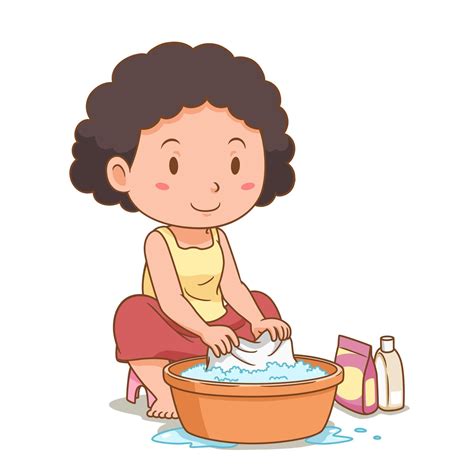 Cartoon character of woman washing clothes with a plastic basin ...