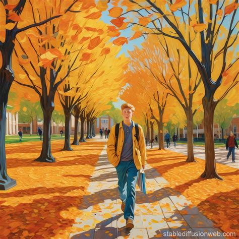 Energetic Student Walks Through Autumn University Campus | Stable Diffusion Online