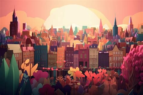 Premium AI Image | A cartoon illustration of a city with a sunset in the background.