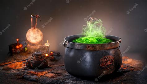 Premium Photo | Large cauldron with green potion on table with witchcraft