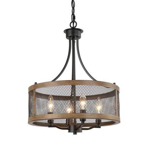 LNC Salle 4-Light Distressed Brown Wood Grain and Matte Black Drum Farmhouse Cage LED Chandelier ...