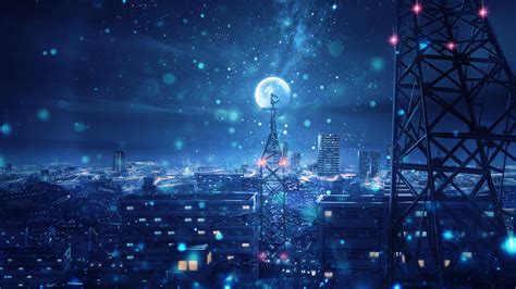 Night, Sky, City, Stars, Anime, Scenery, 4K, #135 Wallpaper PC Desktop