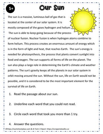 Reading Comprehension About the Sun Worksheets