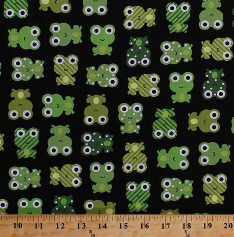 Cotton Urban Zoologie Cute Green Frogs on Black Cotton Fabric Print by the Yard (aak-14724-2)