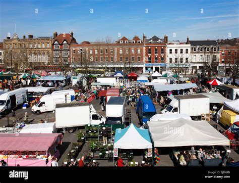 Elevated view over the Market Square in Salisbury, Wiltshire, England UK on market day Stock ...