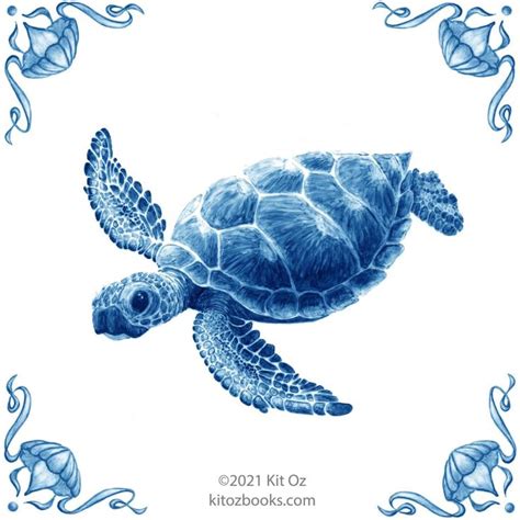 Green Sea Turtle (in blue) | Fliesen, Kunst, Kacheln