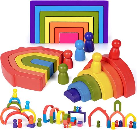 24 PCS Rainbow Wooden Toys Rainbow Stacker Nesting Puzzle Blocks Wooden ...