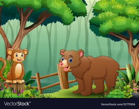 Cartoon a bear and monkey inside wooden fence Vector Image