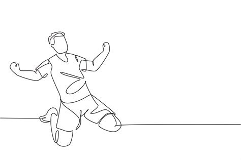 One single line drawing of sporty young football player celebrating his ...