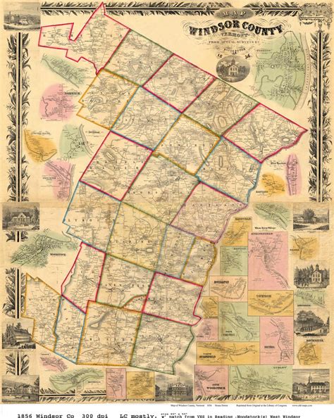 Map of Windsor County, VT 1856 - Print of Wall Map