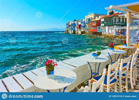 Small cafe by the sea next to The Little Venice district in Mykonos ...