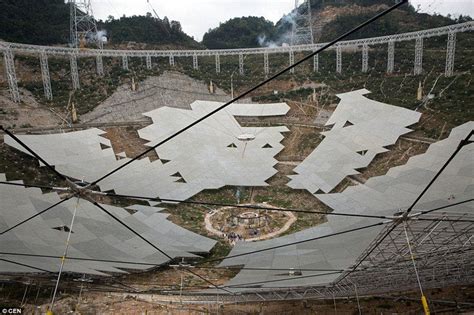 The FAST radio telescope under construction in China. Look at the size of the people compared to ...