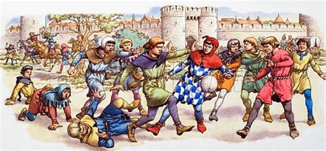 Medieval game of football using a pig's bladder at … stock image | Look ...