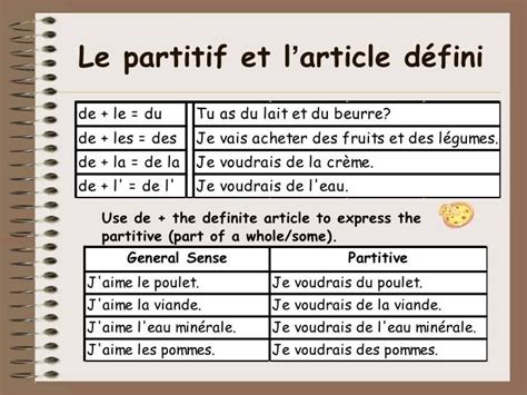 Le Partitif et l'article défini | Vocabulaire français, Apprentissage ...