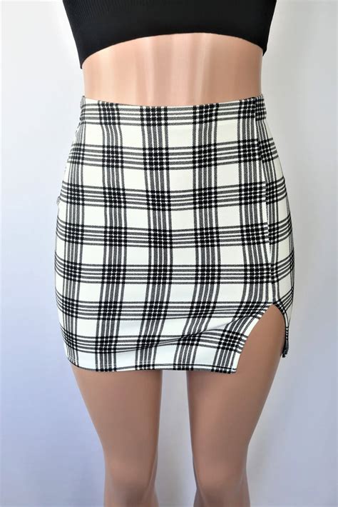 Sofie Plaid Skirt - High waisted black white plaid mini skirt with slit.