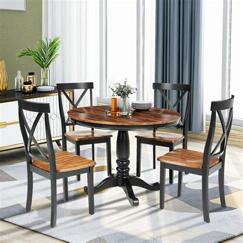 5 Pieces Dining Table and Chairs Set for 4 Persons, Round Solid Wood Table with 4 Chairs, Suit ...