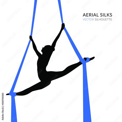 Silhouettes of a gymnast in the aerial silks. Vector illustration on white background. Air ...