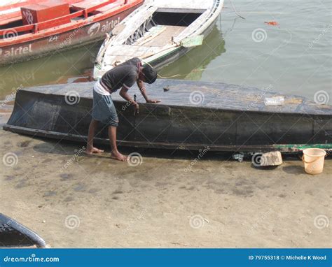 Man Repairing Boat Assi Ghat Varanasi India Editorial Stock Photo ...