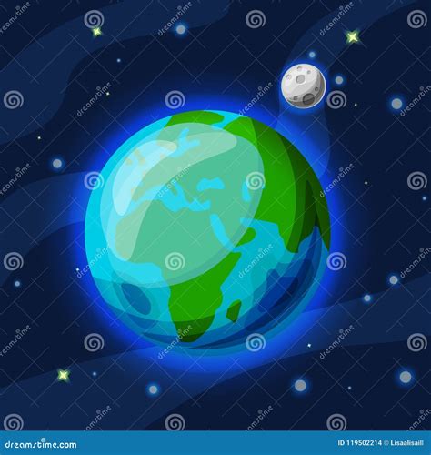 Earth With Moon Vector Cartoon And Flat Illustration. Green And Blue ...