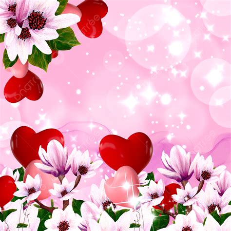 Pink And Red Hearts Background With Watercolor Flowers, Love, Valentine`s Day, Illustration ...