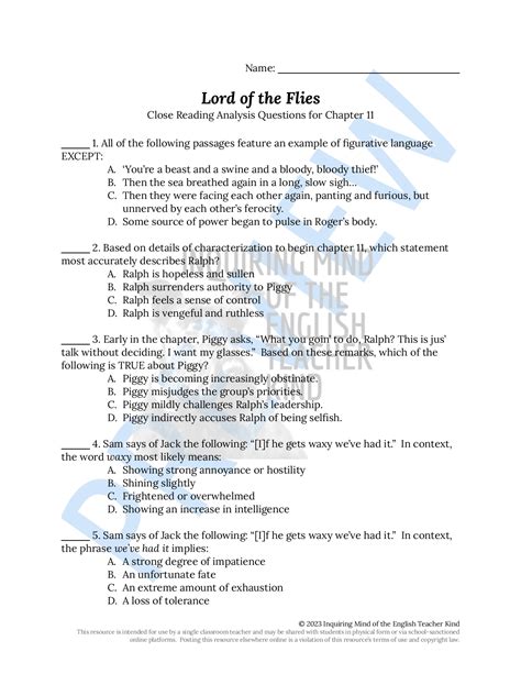 Lord of the Flies Chapter 11 Close Reading Analysis Worksheet | Made By ...