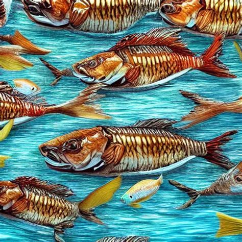 a large group of fish eating at a buffet, | Stable Diffusion | OpenArt