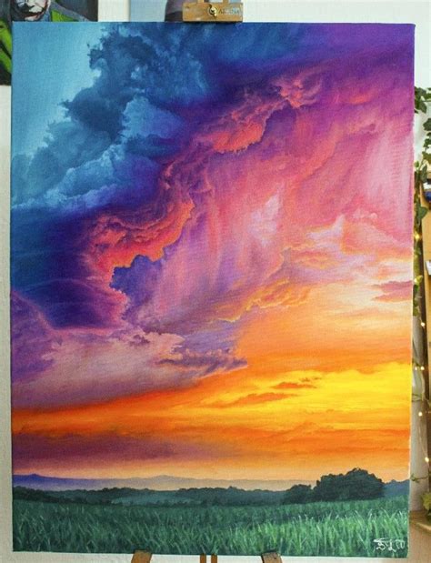 oil painting on canvas stormy clouds colorful sunset landscape ...