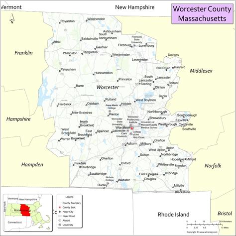 Map of Worcester County, Massachusetts showing cities, highways & important places. Check Where ...