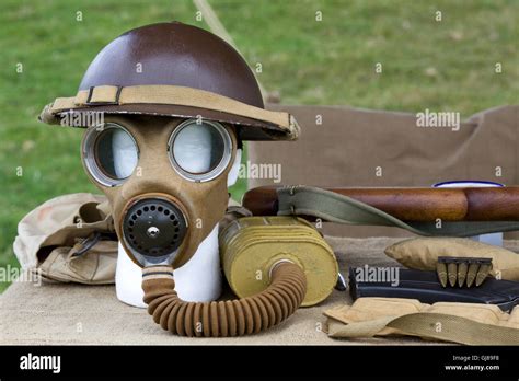 British issue WW1 gas mask and helmet on display Stock Photo - Alamy