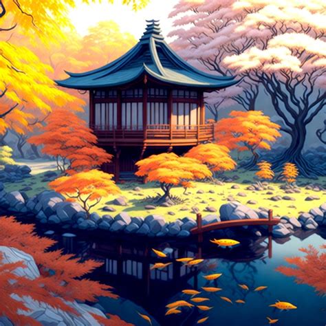 Premium AI Image | A digital painting of a serene Japanese garden in autumn with a tea house koi ...