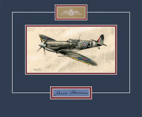 Johnnie Johnson RAF Pilot Ace - Original Signature + Spitfire Drawing.