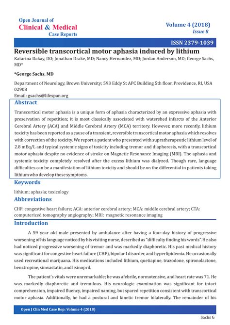 (PDF) Reversible Transcortical Motor Aphasia Induced by Lithium