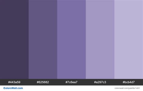 VUSA Purple. HEX colors #443a59, #625682, #7c6ea7, #a297c3, #bcb4d7. Brand original color codes ...