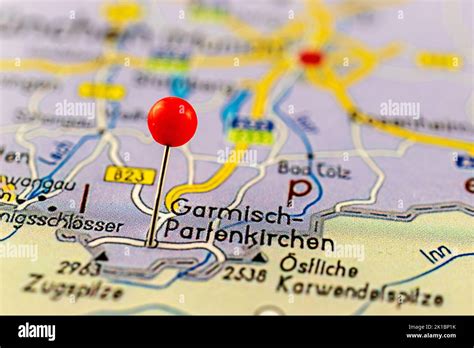 Garmisch-Partenkirchen map. Close up of Garmisch-Partenkirchen map with red pin. Map with red ...