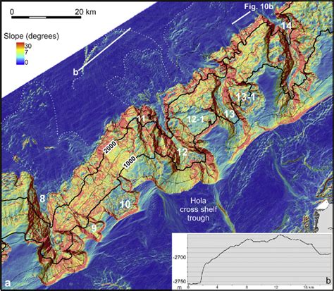 a) Slope gradient combined with shaded relief between canyons 8 and 14 ...