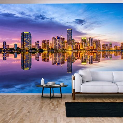 Miami Florida USA Skyline on Biscayne Bay Wallpaper Living - Etsy