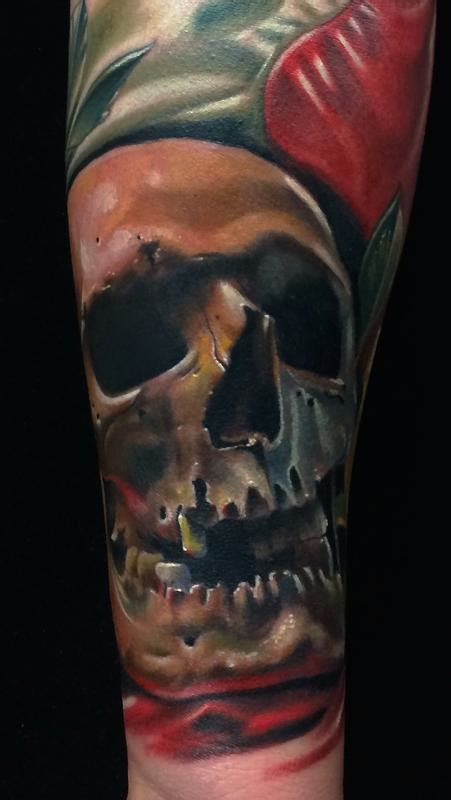 Brent Olson - Realistic color skull wth american flag tattoo. Brent Olson Art Junkies Tattoo