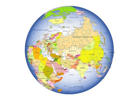 Colored Asia centered Globe map, country name, Ocean name | Globe, Country names, Ocean names