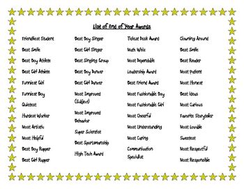 List of End of Year Awards | Classroom awards, End of year, List