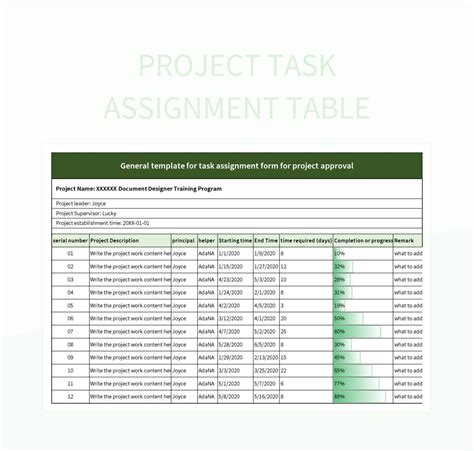 Project Task Assignment Table Excel Template And Google Sheets File For Free Download - Slidesdocs