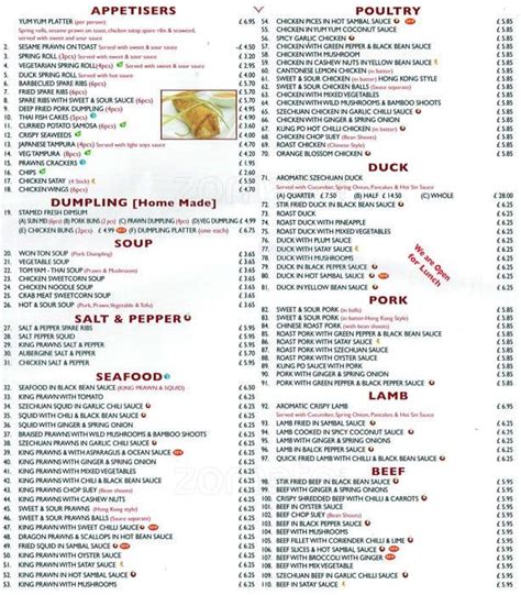 Menu at Yum Yum restaurant, London, 28 Denbigh St