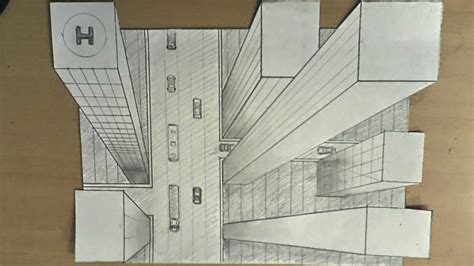 How to draw - one point perspective, 3d illusion, high-rise buildings - YouTube