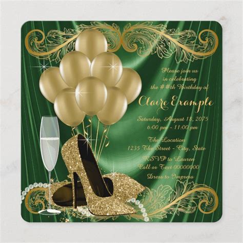 Womans Emerald Green and Gold Birthday Party Glam Invitation | Zazzle | Gold birthday party ...