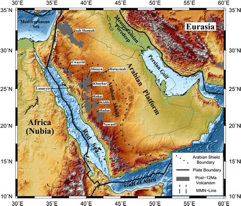 Topographic map of the Arabian plate and its adjacent regions ...