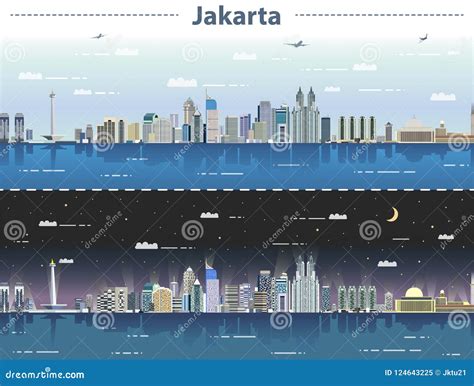 Vector Illustration of Jakarta Skyline at Day and Night Stock Vector ...