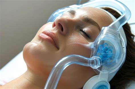 A woman laying down with a breathing mask on undergoing oxygen facial treatment Oxygen facial to ...